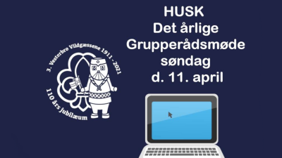 Gruppens logo, bild på en laptop och tekst "Det årlige grupperådsmøde, søndag d. 11 april""